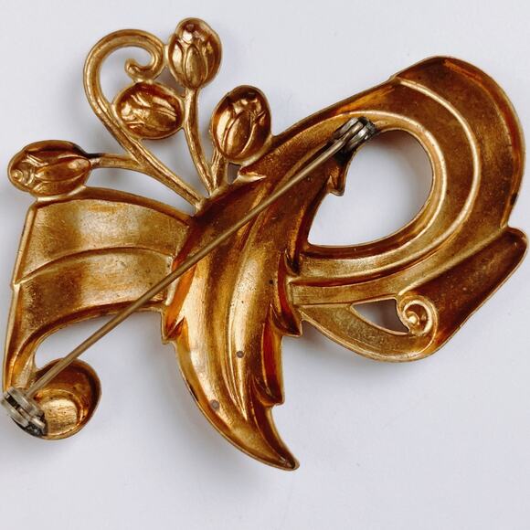 VTG 1940s Brooch Tulip Mid Century Ribbon Floral Scroll Gold Tone Pin - Picture 8 of 10
